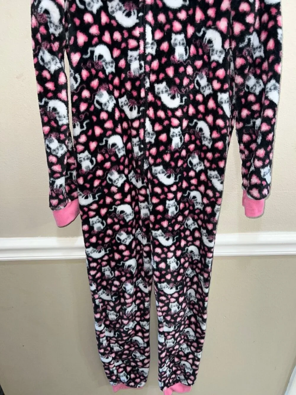girls Rene Rofe one piece pajama sleepewear hooded full zipper catprint L 10/12